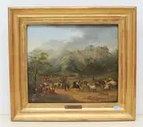 Militärische Pferdemusterung in voralpiner Landschaft by Karl Girardet, oil on panel, sold Sep 2021