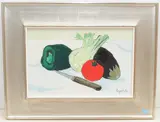Stillleben mit Gemüse und Küchenmesser by Roger Kathy, oil on canvas, offered Sep 2021