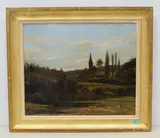 Blick über einen Bachlauf auf die Dächer und Kirche eines Dorfes by Adolf Stäbli, oil on canvas, offered Sep 2021
