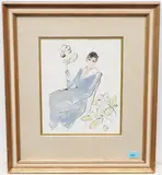 Dame in blauem Kleid, Blume haltend by Maurice Barraud, watercolor, sold Sep 2021