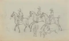 Skizzenblatt mit Offizieren zu Pferd, einem Jungen und verschiedenen Tieren by Wilhelm von Kobell, pencil, offered Jun 2021