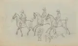 Skizzenblatt mit Offizieren zu Pferd, einem Jungen und verschiedenen Tieren by Wilhelm von Kobell, pencil, offered Jun 2021