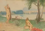 Zwei männliche Akte am Ufer eines Gewässers by Alexander Rothaug, watercolor, sold Jun 2021