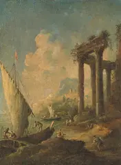 zugeschrieben Segelschiff am Landesteg, im Hintergrund eine Tempelruine by Antonio Stom, oil on canvas, sold Jun 2021
