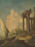 zugeschrieben Segelschiff am Landesteg, im Hintergrund eine Tempelruine by Antonio Stom, oil on canvas, sold Jun 2021