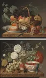 Gegenstücke: Stillleben mit Früchtekorb / Stilleben mit Erdbeeren in einer chinesischen Porzellanschale by Jan Vos, oil on panel, sold Jun 2021