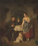 Der Kirchenbote überbringt eine gute Nachricht by Hanno Rhomberg, oil on canvas, sold Jun 2021