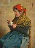 Grossmutters Kaffee by Eugenio Zampighi, oil on canvas, sold Jun 2021