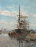 Schiffe am Quai by Edmond Marie Petitjean, oil on canvas, sold Jun 2021