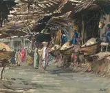 Marktszene by Henri Jean Pontoy, gouache, sold Jun 2021