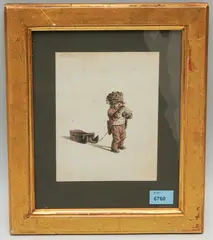 Kleiner Junge mit Mütze und Handschuhen, einen Schlitten hinter sich herziehend by Gottfried Mind, watercolor, offered Jun 2021