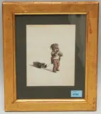Kleiner Junge mit Mütze und Handschuhen, einen Schlitten hinter sich herziehend by Gottfried Mind, watercolor, offered Jun 2021