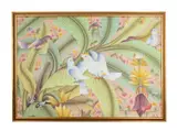 Untitled - Parrots and Palm Leaves by Ubud Sentag, acrylic on fabric, sold Feb 2024