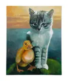 Kitten and Chick by Joe Peragine, 1999, oil on canvas, sold Feb 2024