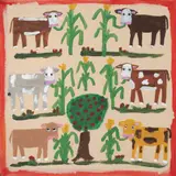 Cows in the Field by Mamie Deschillie, acrylic on cardboard, sold Nov 2022