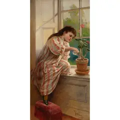 Untitled (Young Girl Watering a Geranium) by Karl Witkowski, oil on canvas, sold Nov 2022