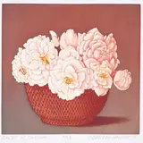 Basket of Camillas by Beth Van Hoesen, 1991, etching in colors with aquatint, sold Nov 2022