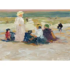 Untitled (Figures on a Beach) by Edward Henry Potthast, oil on panel, sold Nov 2022