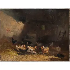 Chicken Coup by Charles Jacque, oil on canvas, sold Nov 2022