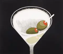 Martini by Mark Adams, 1994, etching in colors with watercolor, sold Nov 2022