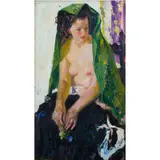 Woman in a Green Shawl by Luigi Corbellini, oil on canvas, sold Nov 2022