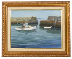 marked "Lobster Cove" and "Snug Harbor" verso by Robert Oliver, oil on canvas, sold Oct 2025