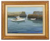 marked "Lobster Cove" and "Snug Harbor" verso by Robert Oliver, oil on canvas, sold Oct 2025