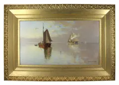 sailing ships in bay by Hendricks A. Hallett, oil on canvas, sold Oct 2025