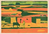 Herder and Cow in a Landscape by Alfred Krenz, woodcut, sold Jul 2024