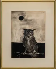 Horned Owl by Matsumi Kanemitsu, 1953, Ink on Paper, sold Aug 2024