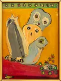 Abstracted Owls by Shay Riegler, 1973, Oil on Board, sold Aug 2024