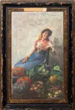 Seated Fruit Seller by Augusto Daini, Oil on Canvas Clad Panel, sold Aug 2024