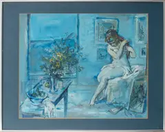 Blue Boudoir Scene by Bruno Martini, 1967, Mixed Media on Paper, sold Aug 2024