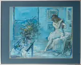 Blue Boudoir Scene by Bruno Martini, 1967, Mixed Media on Paper, sold Aug 2024