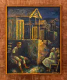 Figural Landscape Scene by Rene Exume, 1957, Oil on Masonite, sold Aug 2024