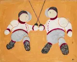 Cabbage Fencers by Kayo Lennar, 1997, Mixed Media on Canvas, sold Aug 2024