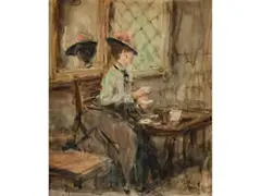 Elegante Dame mit Einer Tasse Kaffee by Isaac Israëls, watercolor, sold Jun 2021