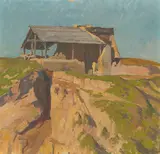 Hütte bei einem Felsen by Raffaele De Grada, oil on canvas, offered Jun 2021