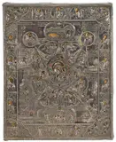 Zentralrussische Altgläubigenwerkstatt, 2.Hälfte 19.Jh by Gottesmutter unverbrennbarer Dornbusch mit Silberoklad, tempera, sold Jun 2021