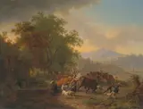 Paysage animé près d'un abreuvoir antique entouré de grands arbres", 1811 by Pierre-Louis De La Rive, oil on canvas, sold Jun 2021