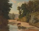Bewaldete Flusslandschaft mit Kühen by Barthélemy Menn, oil on panel, sold Jun 2021