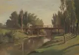 Baumbestandene Flusslandschaft mit Holzbrücke by Barthélemy Menn, oil on paper, sold Jun 2021