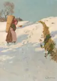 Bauernmädchen im Schnee by Hans Bachmann, oil on canvas, sold Jun 2021