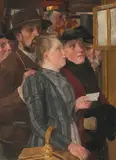 Stellensuchende studieren den Aushang eines Vermittlungsbüros, 1896 by Hermann Meyer, oil on canvas, sold Jun 2021