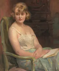 Femme à la lecture, 1933 by Frédéric Dufaux, oil on canvas, sold Jun 2021