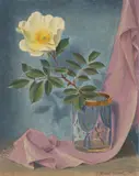 Stillleben mit weisser Rose in Wasserglas, 1947 by Niklaus Stoecklin, oil on board, sold Jun 2021