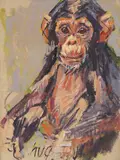 Junger, sitzender Schimpanse by Fritz Hug, oil on canvas, sold Jun 2021