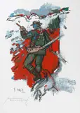 Graubündner Niederwildjäger by Rudolf Mirer, 1992, gouache, sold Jun 2021
