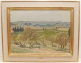 Blick über einen Olivenhain gegen eine Hügelkette by Numa Donzé, oil on canvas, sold Jun 2021