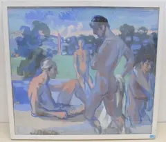 Badende am Wasser by Thomas Ernst Gubler, tempera, sold Jun 2021